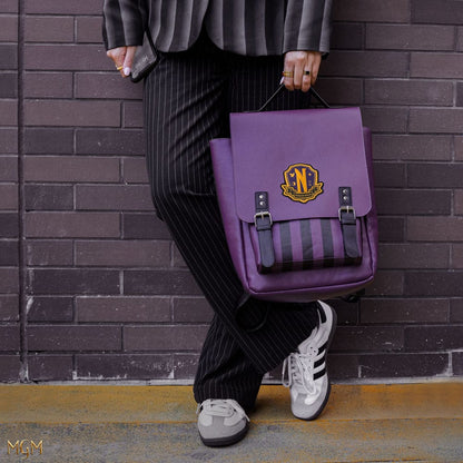 Mysterious Nevermore backpack in purple for Wednesday fans